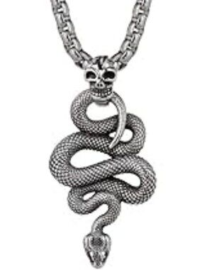 NEW Snake Pendant Necklace with Skull Gothic Silver Chain Statement Jewelry